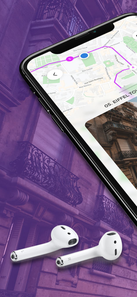 Vidi Guides: Self Guided Walks - Smartphone showing a self guided walking route on a map next to wireless earbuds