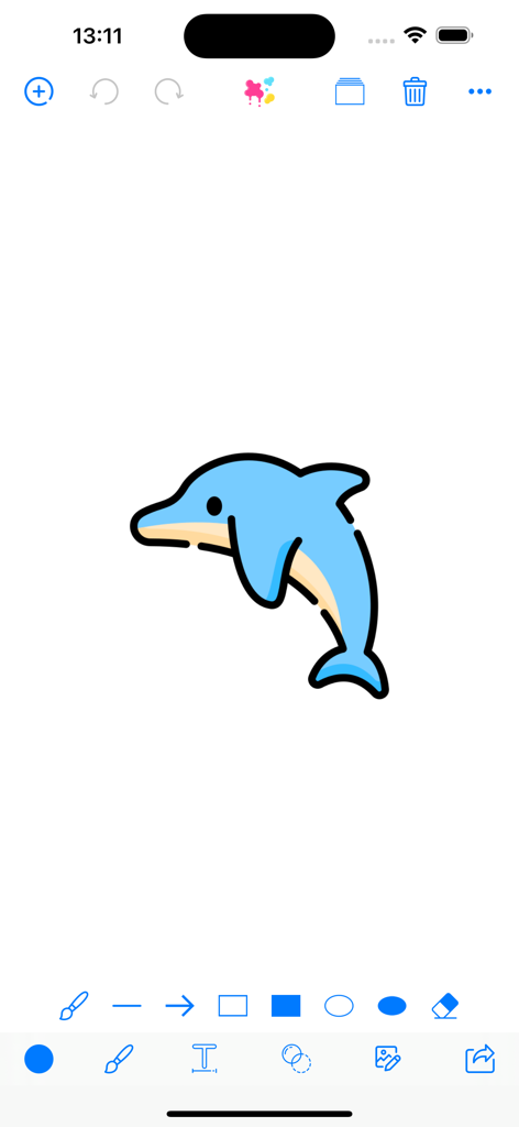 Brush Canvas color draw boards - Um simples golfinho de desenho animado desenhado no aplicativo Brush Canvas com ferramentas de desenho e opções de cores visíveis.