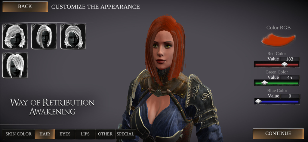 Way of Retribution: Awakening - Charakteranpassungsbildschirm in Way of Retribution Awakening, der Haar- und Erscheinungsbild-Editor-Optionen zeigt