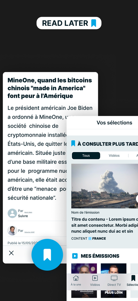 France 24 - World News 24/7 - Interface de l'application France 24 affichant la fonction « Lire plus tard » et les articles mis en favoris