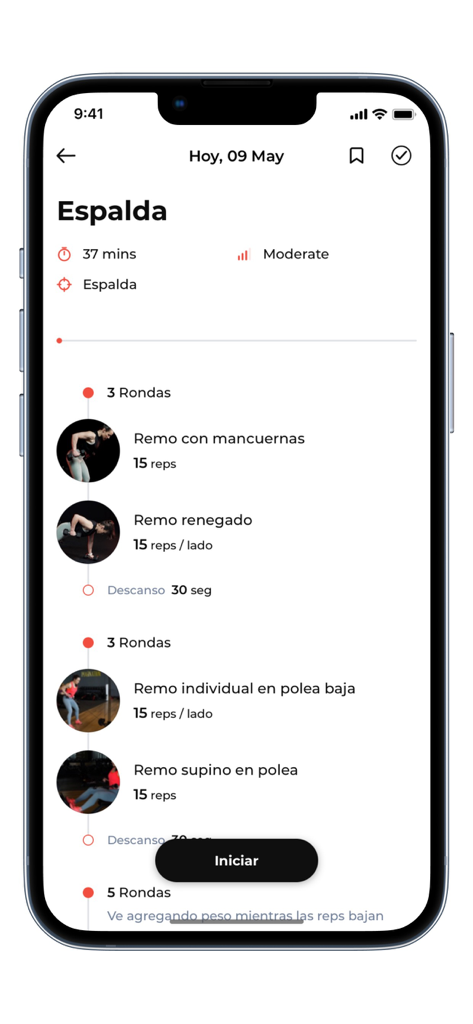 Pantalla de smartphone que muestra una rutina personalizada de entrenamiento de espalda en la aplicación de fitness wOS by Andie.