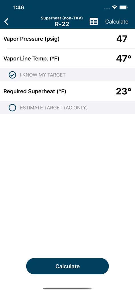 HVACR Check and Charge app screen showing superheat calculation for R-22 refrigerant
