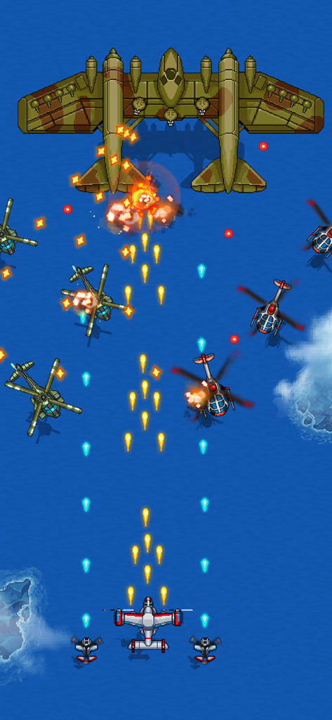 1942 Classic Arcade - Retro style vertical shooter gameplay featuring a fighter plane battling a large boss aircraft and helicopters over the ocean
