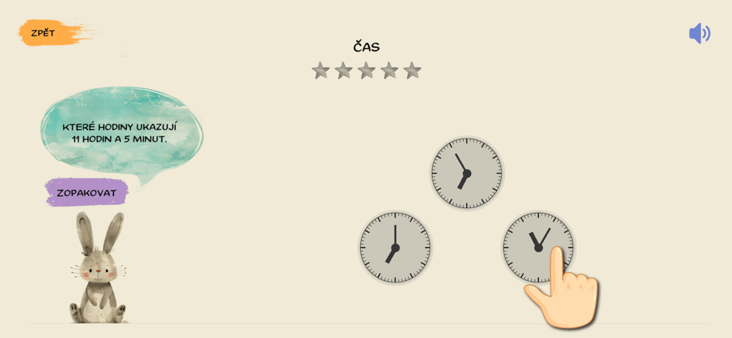 Školáček EDU - Un ejercicio interactivo para enseñar a los niños a leer relojes analógicos en la aplicación educativa Skolacek EDU.