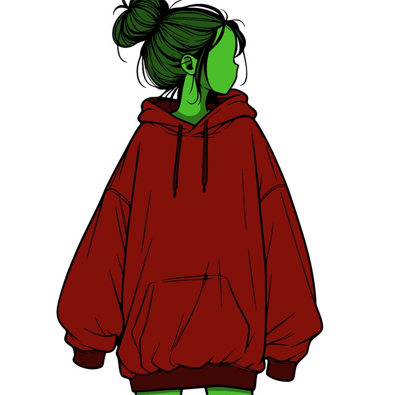 realistic girl with a oversized sweatshirt on and a bun