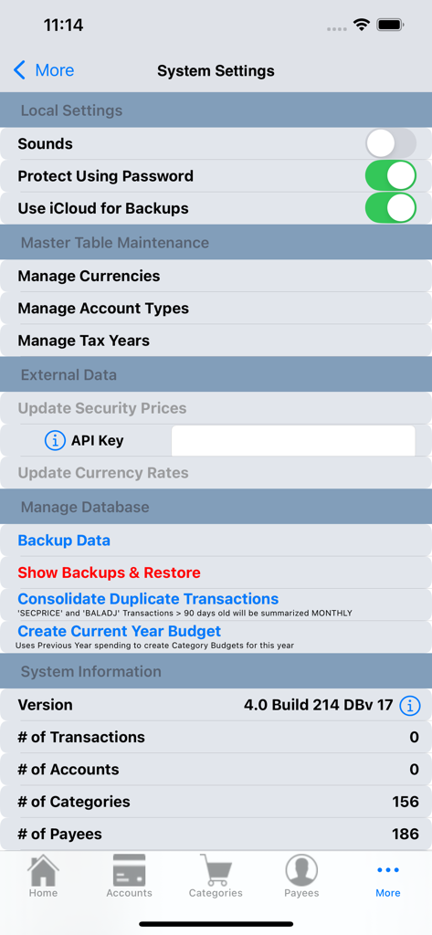 MoneyBelt - ローカル設定とデータベース管理オプションを表示したMoneyBeltアプリのシステム設定画面