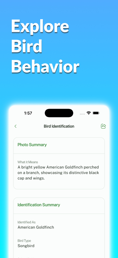 Bird Identifier app screen showing detailed identification and behavior summary for an American Goldfinch