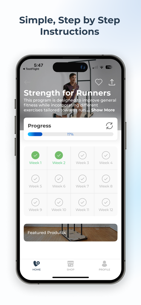 Macrofit app interface showing a 12 week strength training program for runners with progress tracking