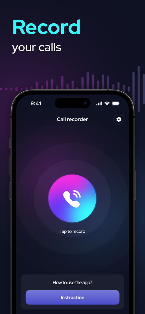 Interface of the Call Recorder app on an iPhone with a tap to record button