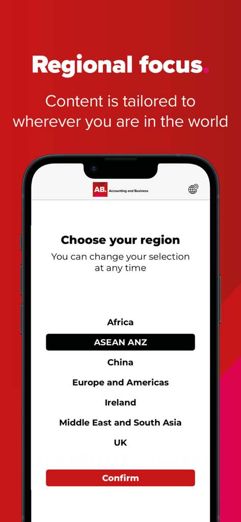 ACCA AB magazine - The regional selection screen of the ACCA AB magazine app allowing users to choose tailored content for different global markets.