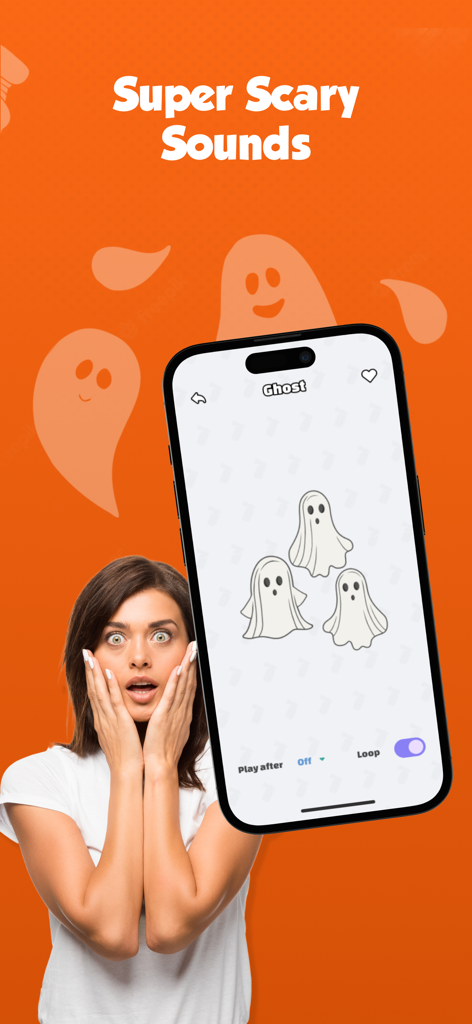 A woman with a shocked facial expression next to a smartphone displaying ghost sounds in the Airhorn prank app