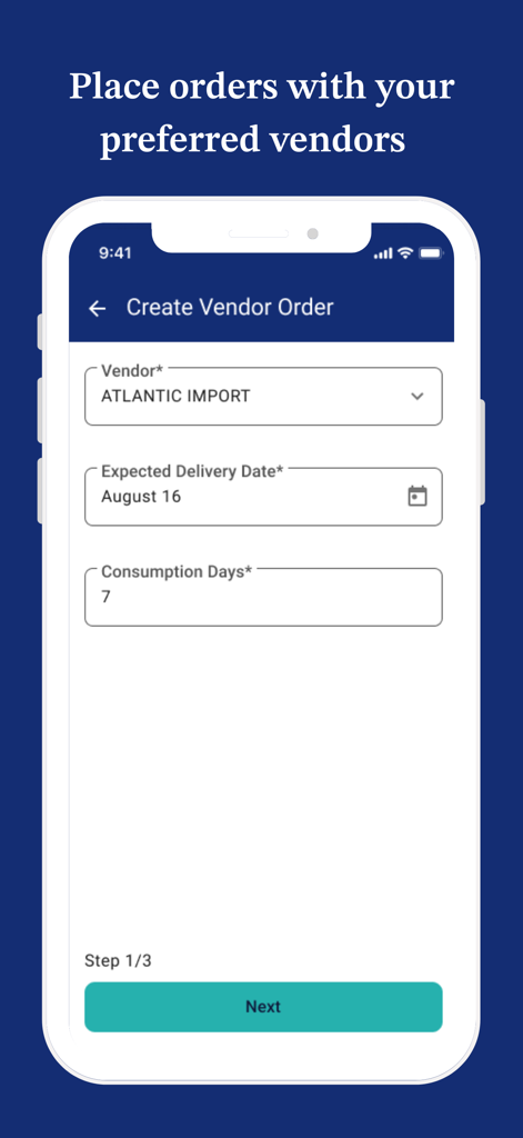 Crunchtime Inventory - A mobile interface for creating a vendor order in the Crunchtime Inventory app showing fields for vendor name and delivery date.