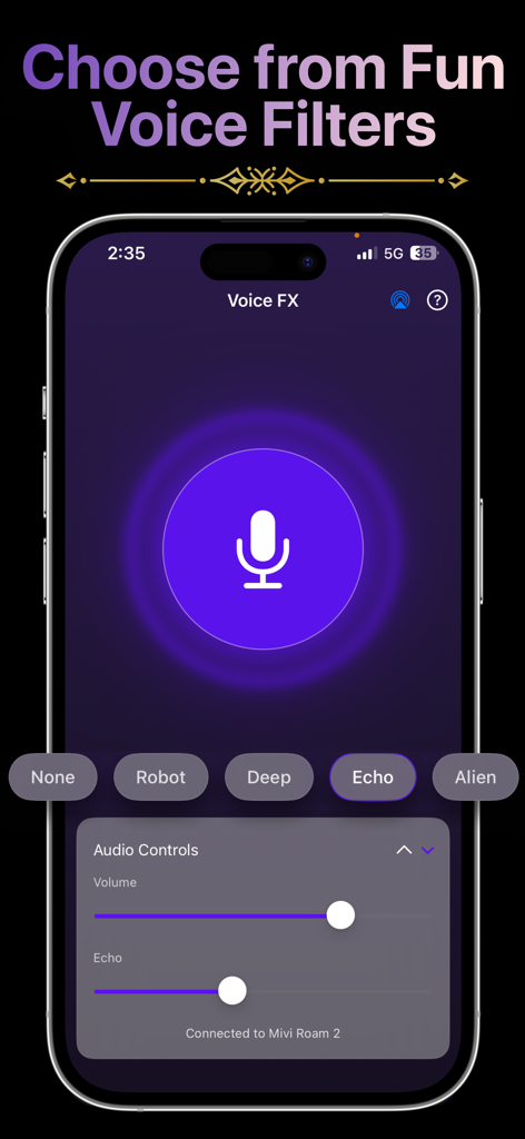 LiveMic: Bluetooth Speaker Mic - iPhone showing LiveMic app voice effects screen with filters like robot and echo