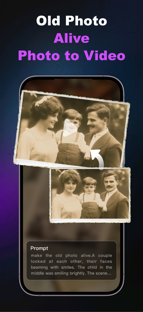Phant AI mobile app screen displaying the feature to animate old family photos into videos using AI technology