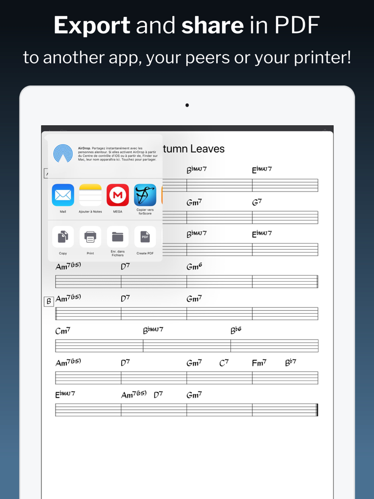 An iPad screen showing a jazz chord sheet being exported to PDF through the iOS share menu.