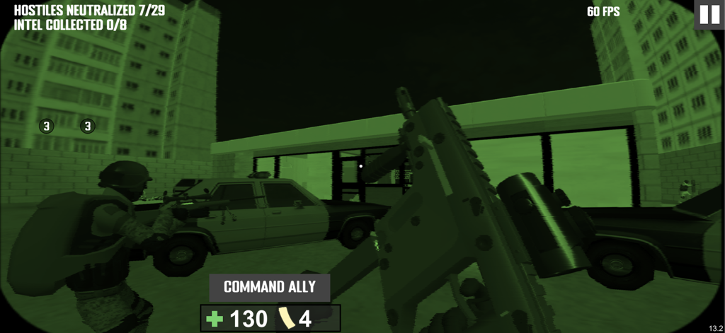 Project Breach 2 COOP CQB FPS - First-person perspective of a tactical mission in Project Breach 2 using night vision with a squad ally and police cars in the background