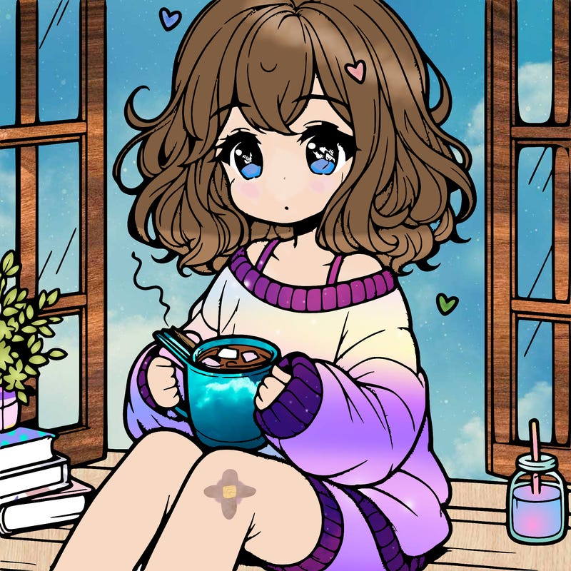cute anime girl reading book and drinking hot chocolate from mug with loose wavy hair wearing a baggy sweatshirt and shorts sitting by windowsill looking out
