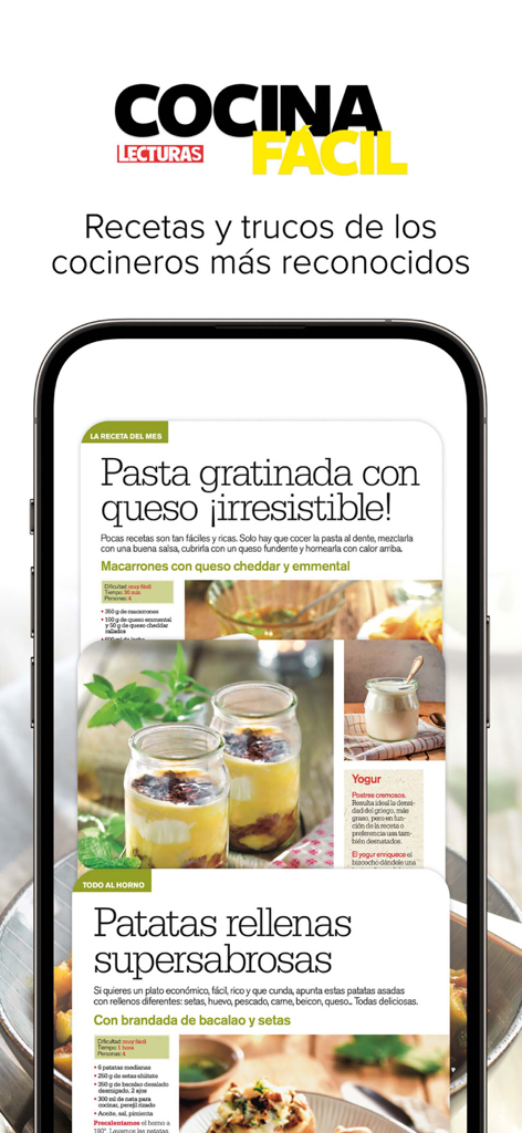 Cocina Fácil revista - Cocina Facil app displaying a digital magazine page with recipes for cheesy pasta and stuffed potatoes in Spanish.