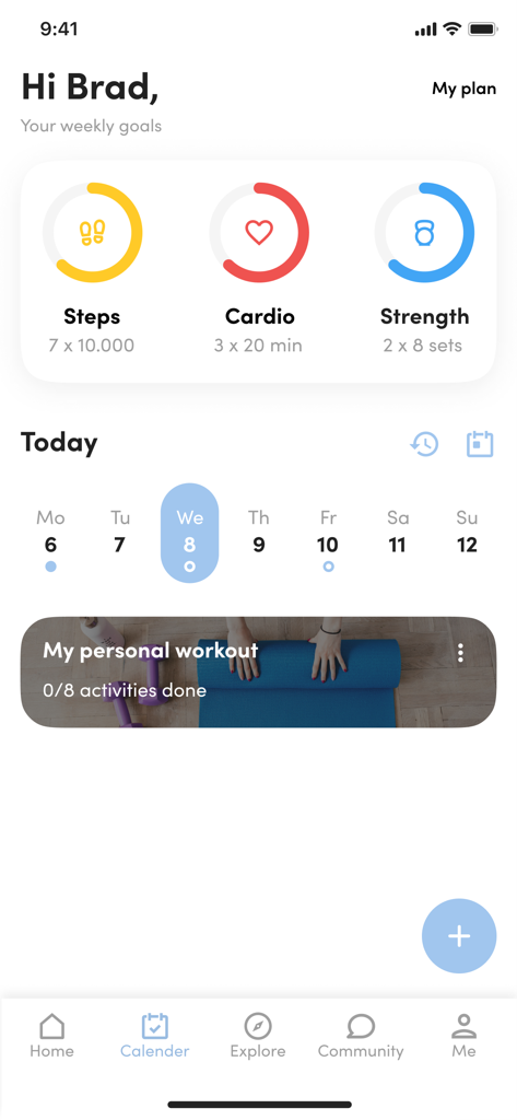 Aura Fitness Club App - Aura Fitness Club App dashboard showing weekly goal tracking for steps cardio and strength alongside a workout calendar