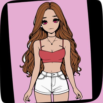 a realistic girl with long hair and in a crop top and shprts