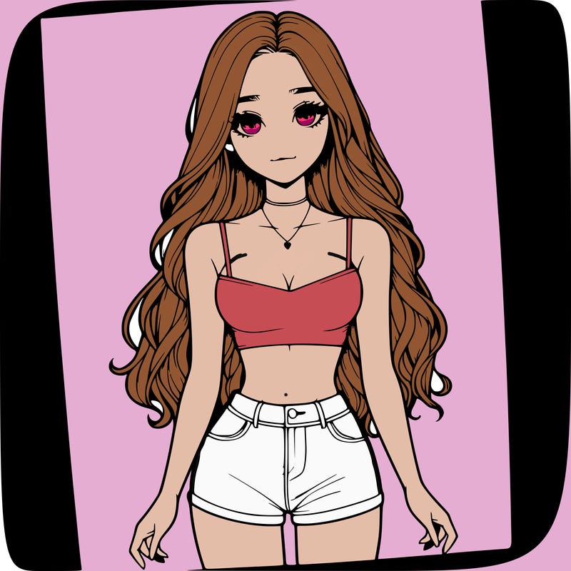 a realistic girl with long hair and in a crop top and shprts
