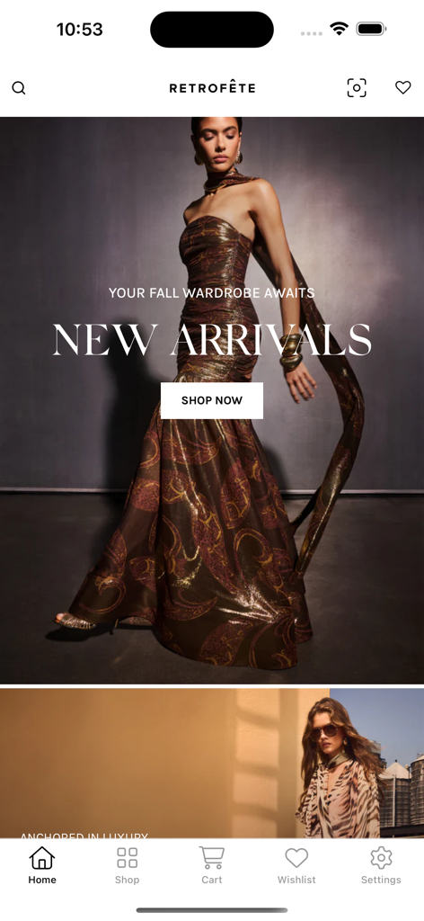 Retrofete luxury fashion app home screen featuring a model in a glamorous fall gown with a shop now button