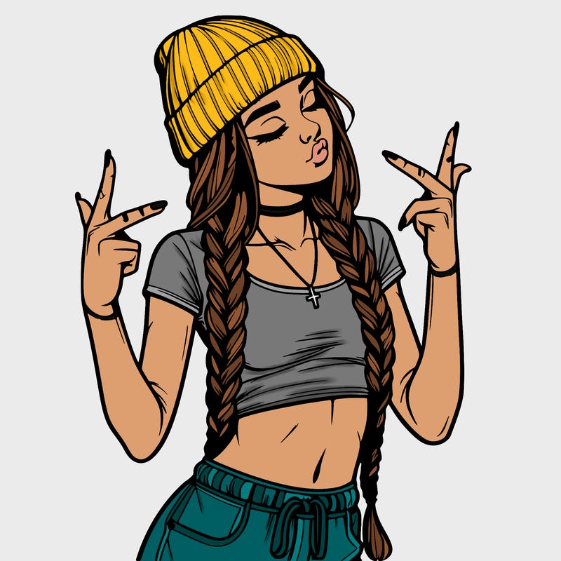realistic teenage girl with braids and a beanie and crop top doing 🫶🏼