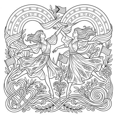 Immerse yourself in a beautiful blend of remembrance and celebration with this intricate coloring page. Featuring elegant dancers amidst symbols of Pride and delicate flora, it's a perfect canvas for your creative expression.