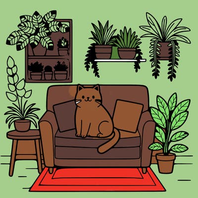 cat on a sofa in a room full of plants