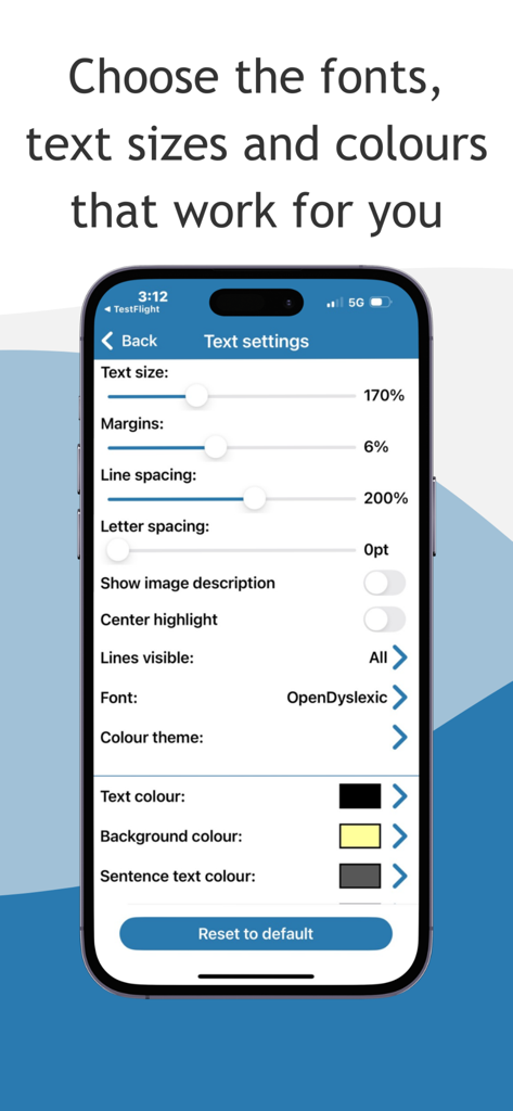 Dolphin EasyReader text settings screen showing options for text size, line spacing, background color, and OpenDyslexic font for better accessibility.