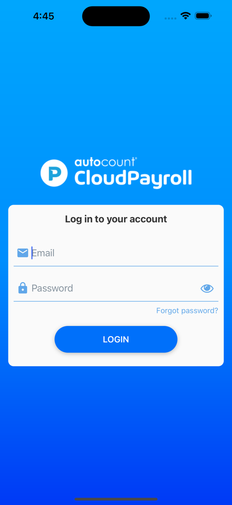 AC Payroll - AC Payroll app login screen with email and password fields