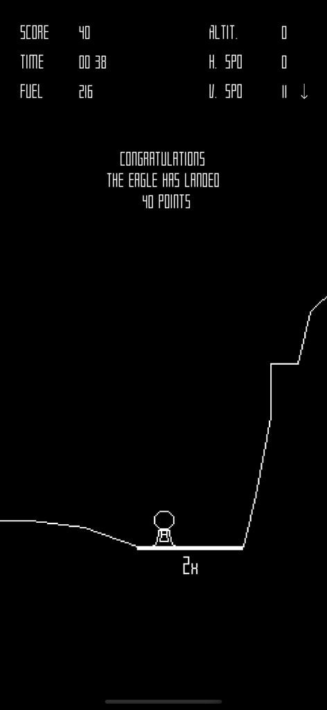 LunarLander! - Screenshot of LunarLander gameplay showing the lunar module landed safely on a moon surface with the message The Eagle Has Landed and a score of 40 points in a retro vector style