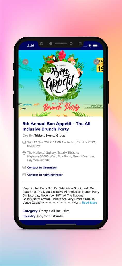 Mobile app screen showing event details for an all inclusive brunch party in the Cayman Islands