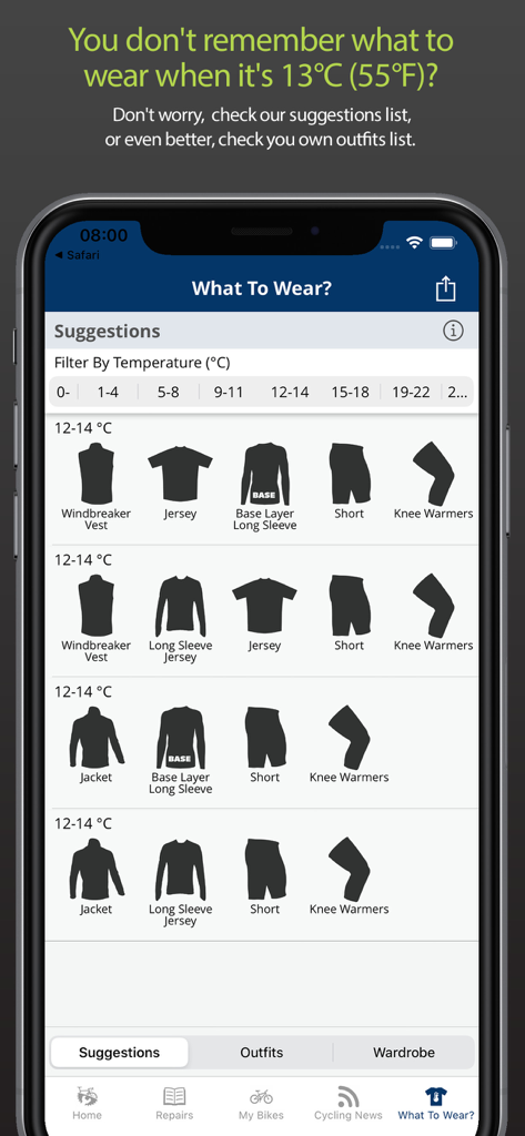 Bike Repair - Smartphone screen displaying cycling gear recommendations based on outdoor temperature within the Bike Repair app