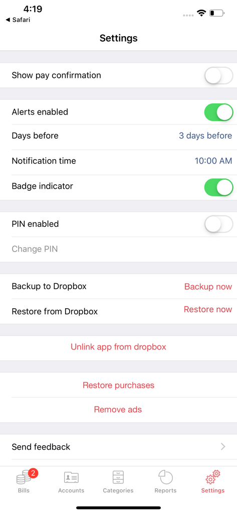Bills Manager - Settings interface of the Bills Manager app showing options for bill alerts, security PIN, and Dropbox backup