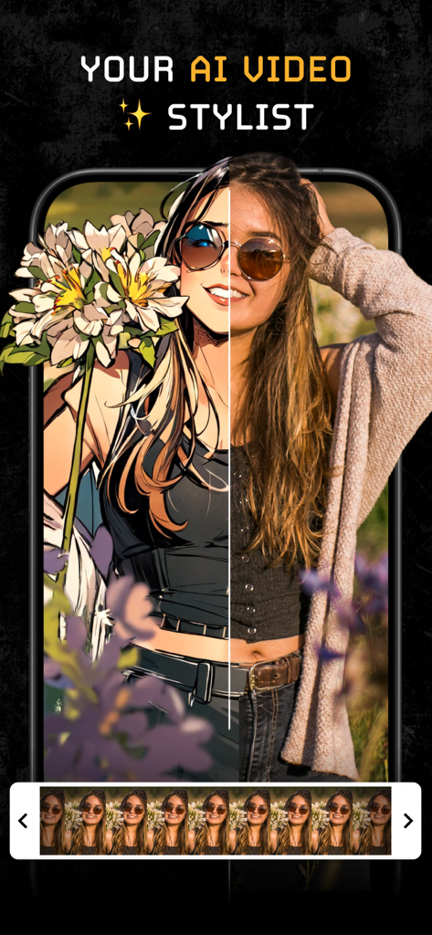 MOVA - AI Video Editor - A split-screen comparison showing a real woman and her AI-generated anime version in the MOVA app.