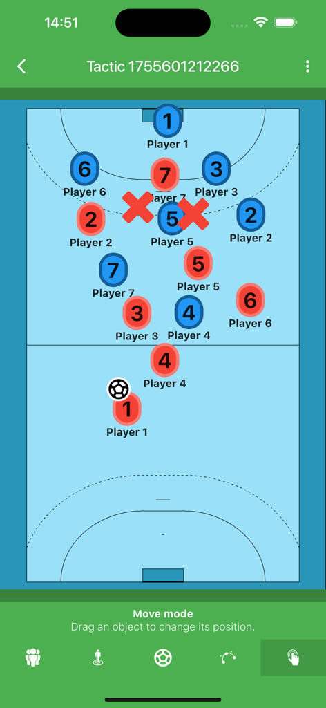 Pro Sport Tactic - Pro Sport Tactic app screen showing a tactical board for futsal or handball with numbered player icons and strategy markers