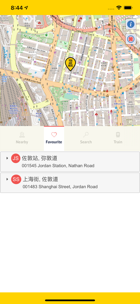 HK BUS - 香港巴士 - HK BUS app interface showing a real-time map with the user's location and a list of favorite bus stops in Hong Kong.
