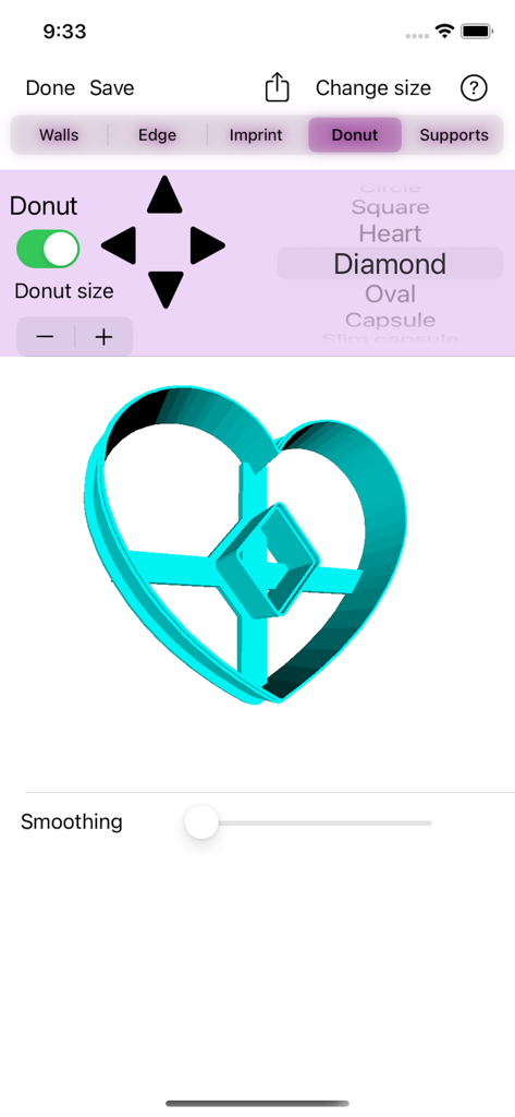 3D Cookie Cutter - A mobile app screen for designing a 3D printable heart-shaped cookie cutter with a diamond-shaped center cutout.