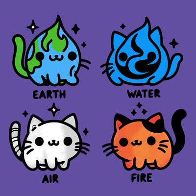 4 cats that represent the different elements, earth, water, air, and fire