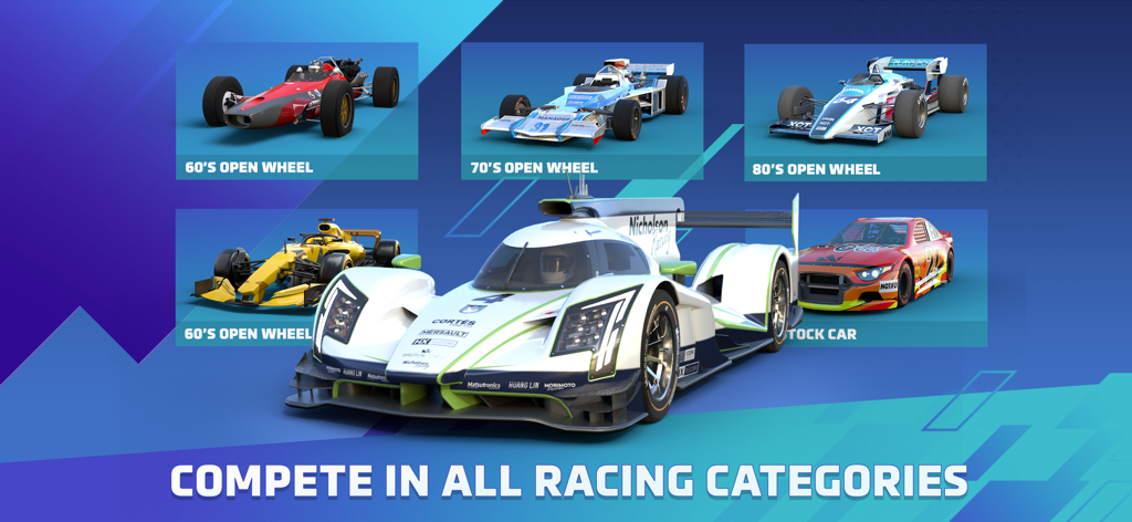 Eine Vielzahl von verfügbaren Rennwagenkategorien in Motorsport Manager Online 2024, einschließlich Formel- und Stock-Cars