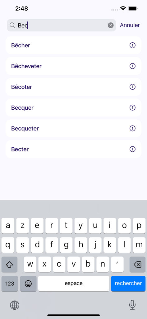 Savoir Conjuguer - Benutzeroberfläche der Savoir Conjuguer App mit einer Suchleiste und einer Liste französischer Verben, die mit B beginnen