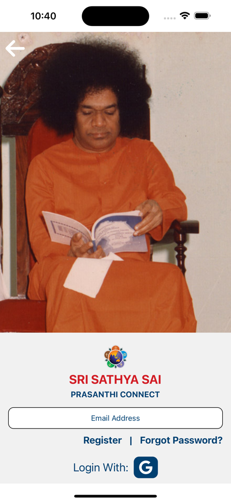 Prasanthi Connect - Login screen of the Prasanthi Connect app featuring Sri Sathya Sai Baba