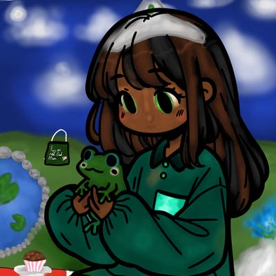 girl with long hair and a oversized shirt. and she is holding a frog