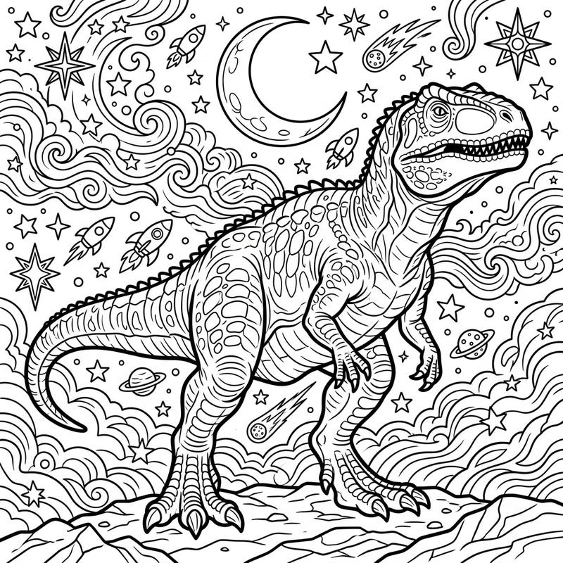Embark on an epic coloring adventure with this Giganotosaurus under a celestial night sky. This detailed page combines prehistoric power with cosmic wonder, perfect for dinosaur enthusiasts of all ages.
