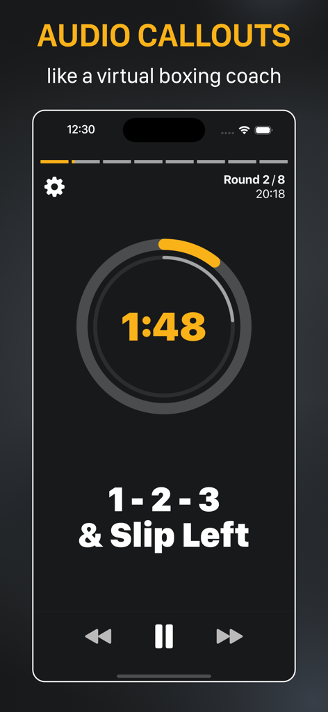 Shadow Boxing Workout App interface featuring a workout timer and audio punch combination callouts