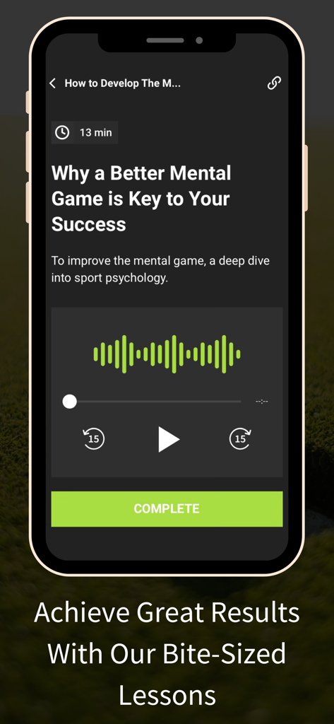 Golf State of Mind app interface showing an audio coaching lesson on mental game success