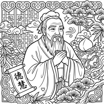 Discover a unique way to celebrate Father's Day with this intricate coloring page featuring the revered philosopher Confucius. Immerse yourself in a world of traditional Chinese patterns and symbolic elements, perfect for a thoughtful and creative tribute.