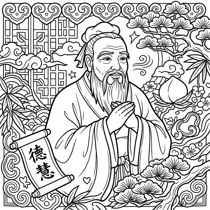 Discover a unique way to celebrate Father's Day with this intricate coloring page featuring the revered philosopher Confucius. Immerse yourself in a world of traditional Chinese patterns and symbolic elements, perfect for a thoughtful and creative tribute.