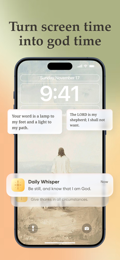 Bible Widget & Verse - Biblo - Pantalla de bloqueo del iPhone que muestra widgets de versículos bíblicos y una notificación de escritura 'Susurro diario' de la aplicación Biblo.